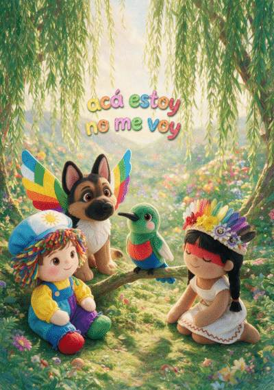 Pequeño Arcoíris, Vito e Yporã, los personajes de nubeCreativa, en el jardín